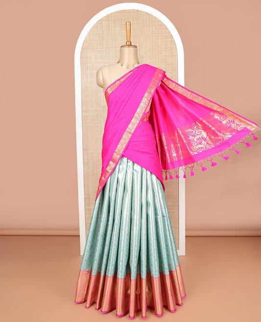 Blue floral design art silk half saree with contrast intricate zari design border, zari design blouse & floral design dhavani