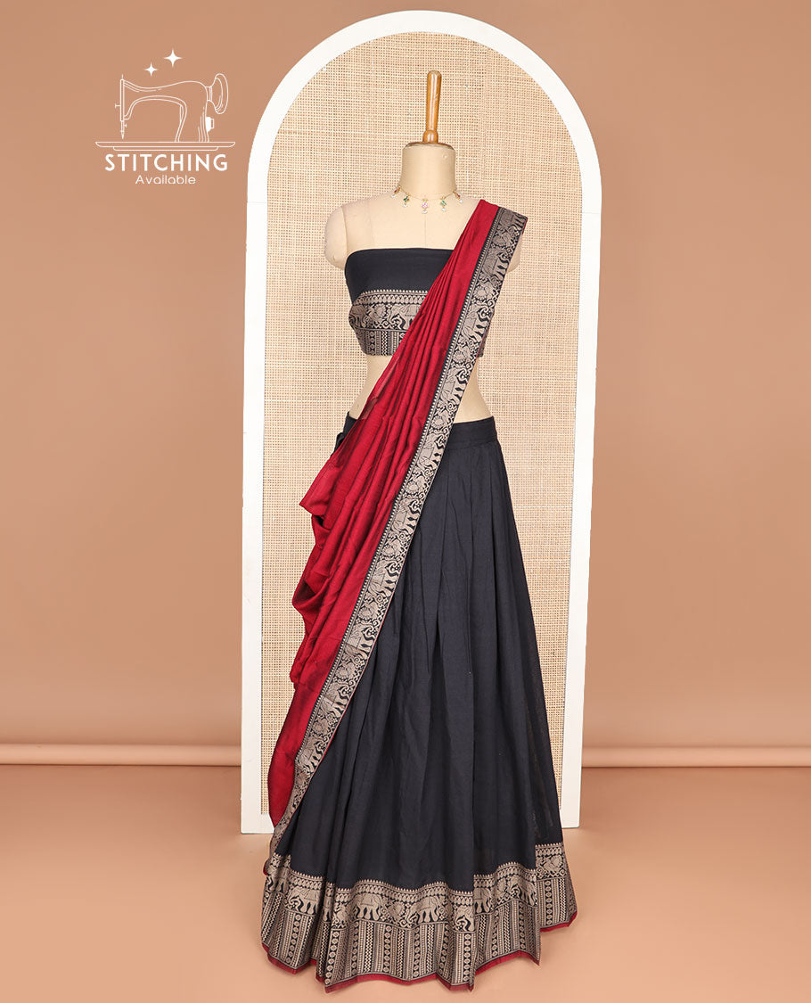 Black cotton half saree with contrast intricate zari design border, elephant design blouse & elephant design border dhavani