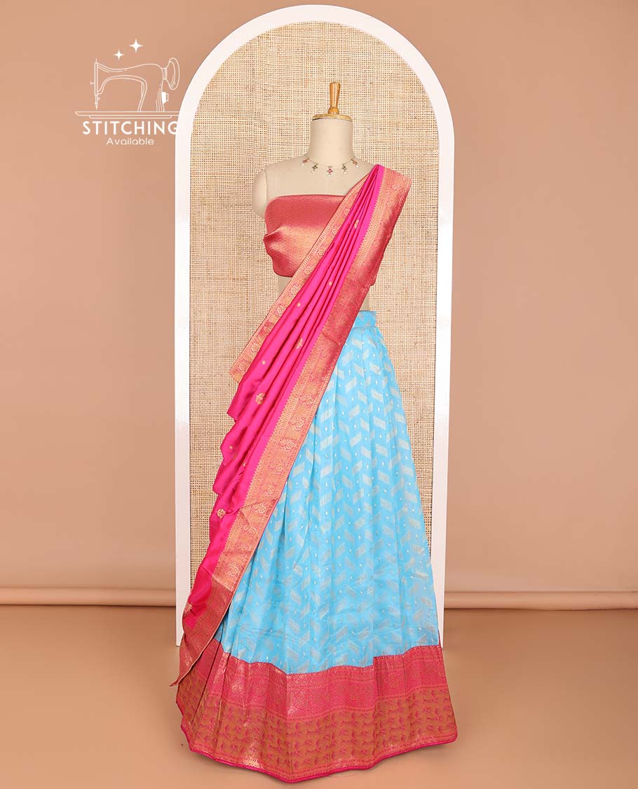 Light blue buttas half saree with contrast intricate zari design border, jaal design blouse & floral design dhavani