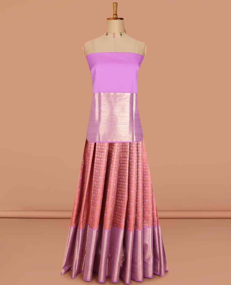 Peach jacquard pure-mix half saree, contrast zari design dhavani & border of muthu,kuyil kann,neli kathir,kamalam leaf,diamond