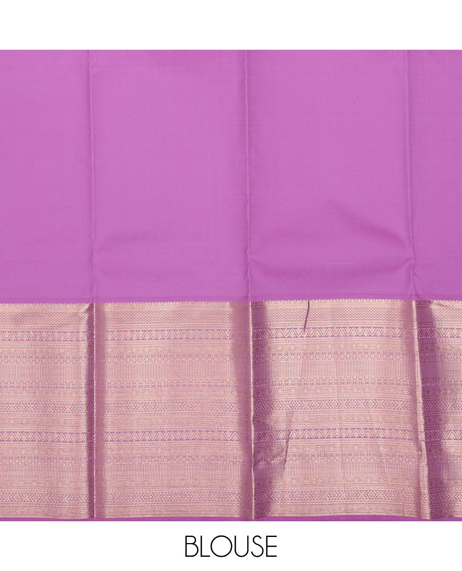 Peach jacquard pure-mix half saree, contrast zari design dhavani & border of muthu,kuyil kann,neli kathir,kamalam leaf,diamond