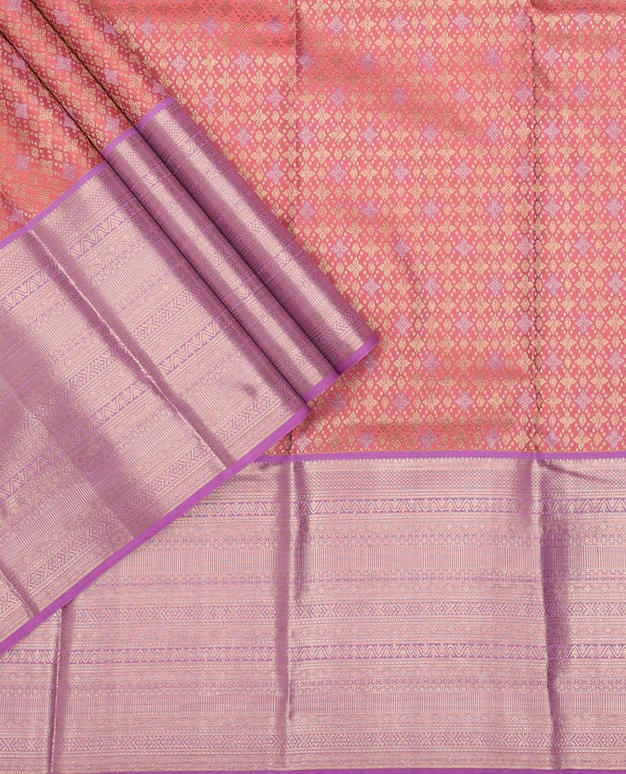Peach jacquard pure-mix half saree, contrast zari design dhavani & border of muthu,kuyil kann,neli kathir,kamalam leaf,diamond