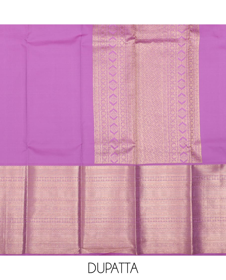 Peach jacquard pure-mix half saree, contrast zari design dhavani & border of muthu,kuyil kann,neli kathir,kamalam leaf,diamond