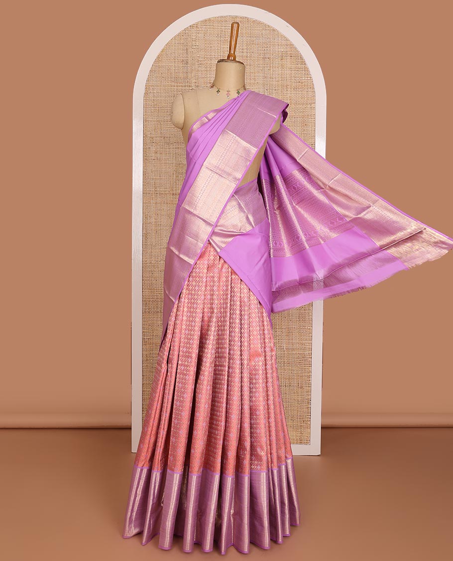 Peach jacquard pure-mix half saree, contrast zari design dhavani & border of muthu,kuyil kann,neli kathir,kamalam leaf,diamond