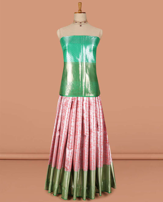 Pink  floral vine design art-silk half saree, contrast traditional zari border,zari design blouse & floral design dhavani