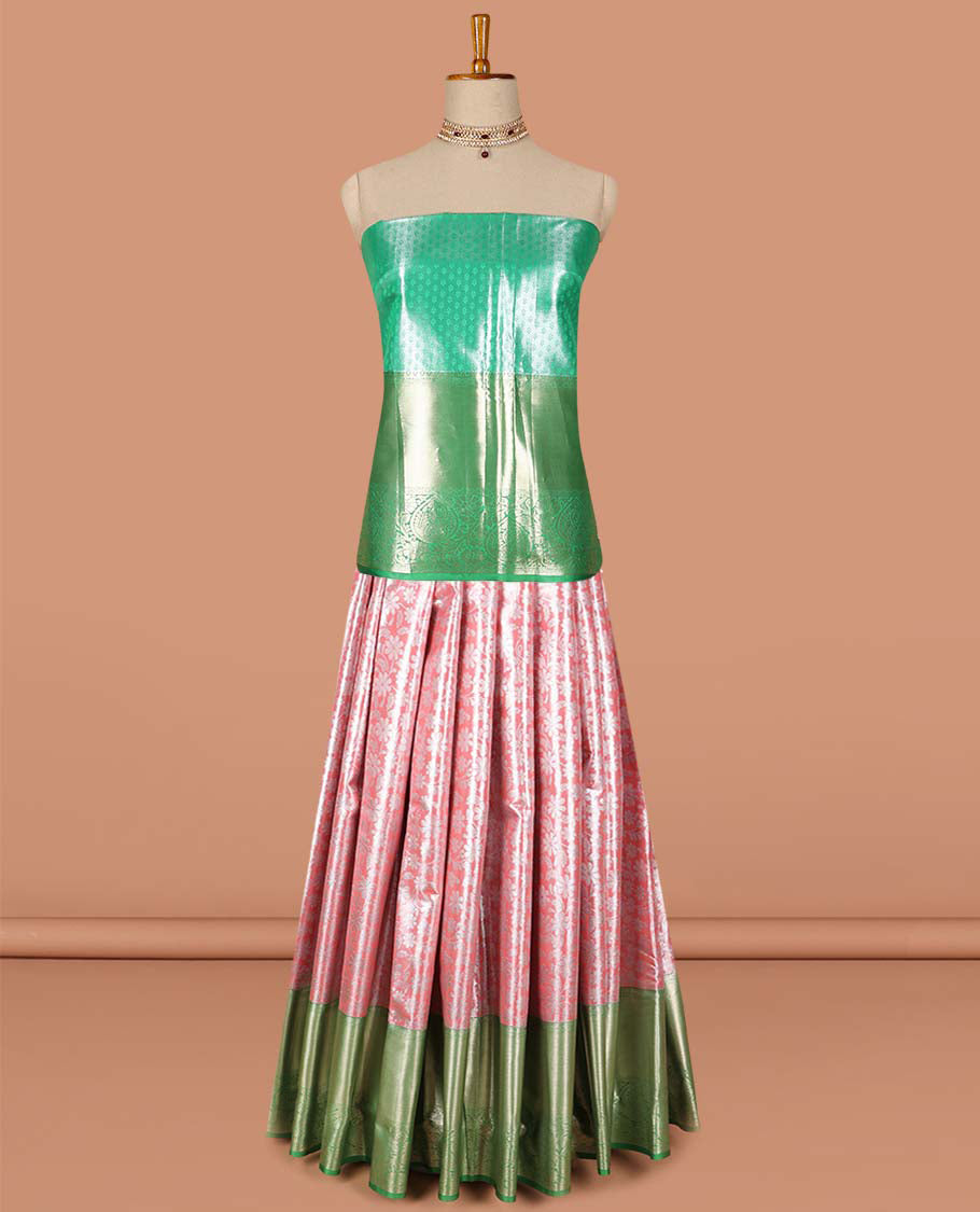 Pink  floral vine design art-silk half saree, contrast traditional zari border,zari design blouse & floral design dhavani