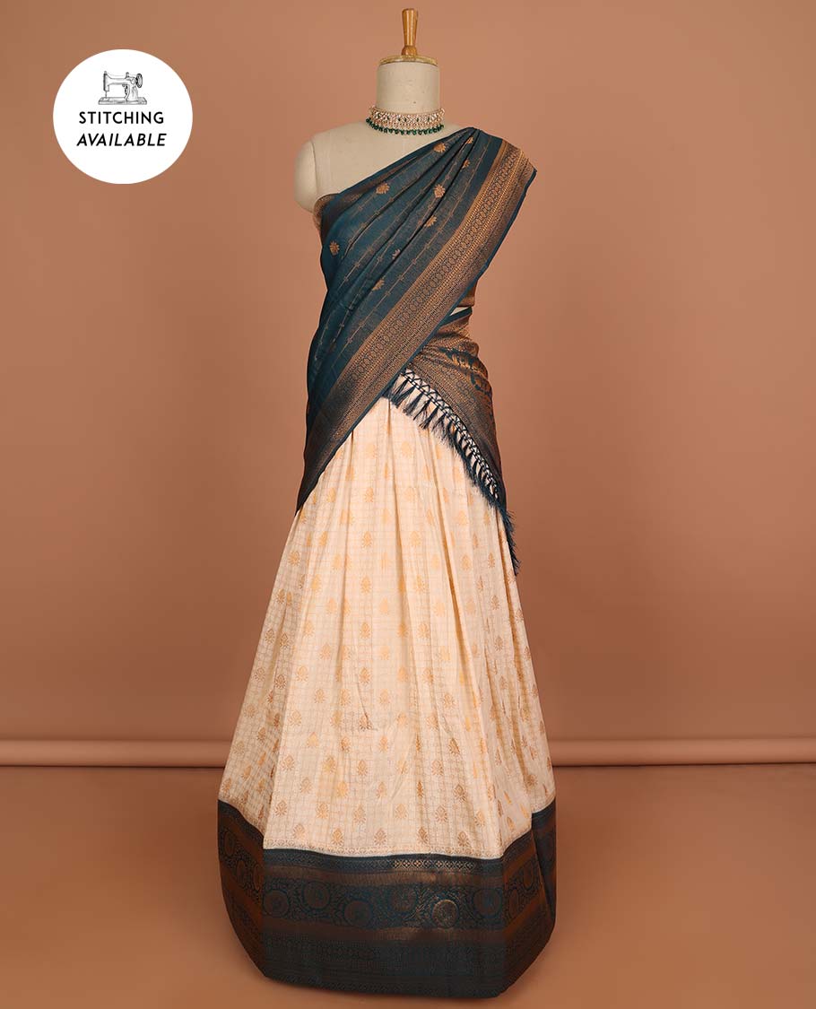 Cream checked , floral design half saree with contrast border, zari design blouse & striped , floral dhavani