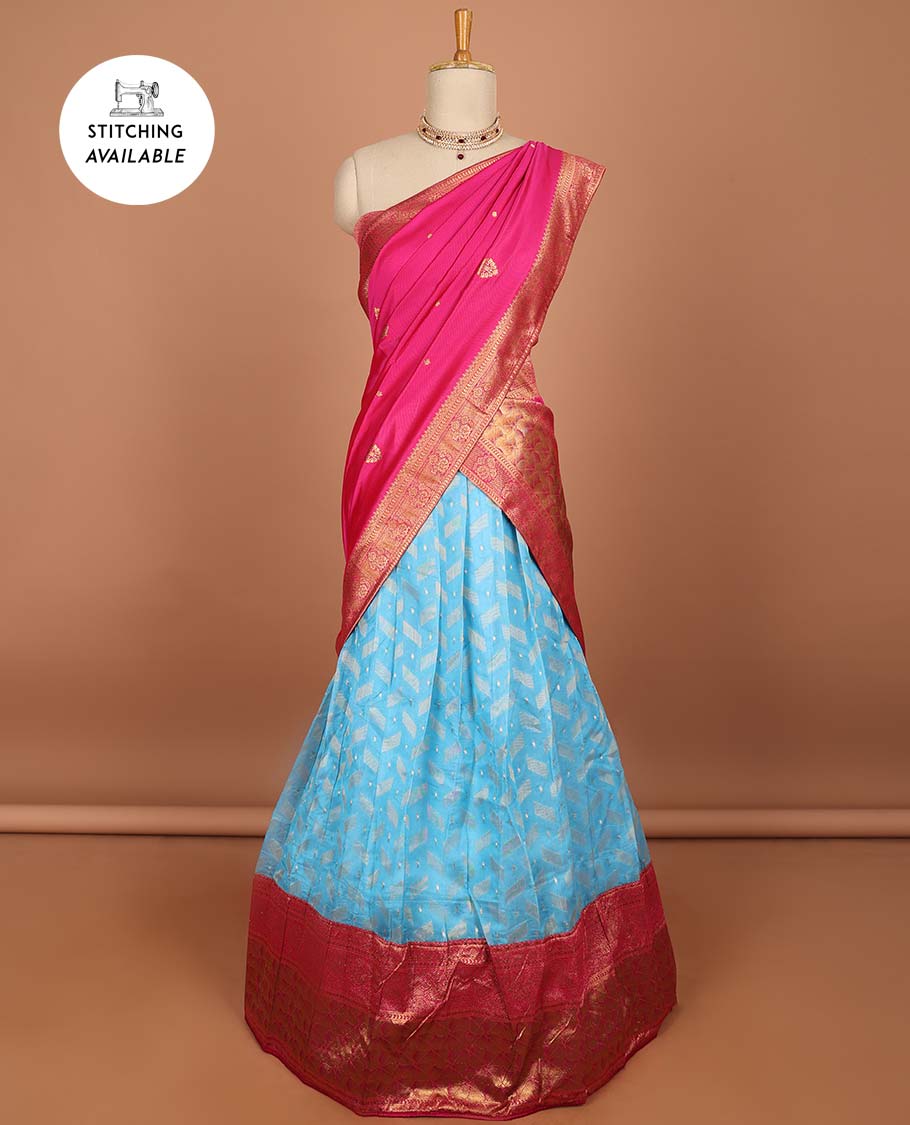 Blue geometric buttas half saree with contrast zari border, zari design blouse & floral zari design dhavani