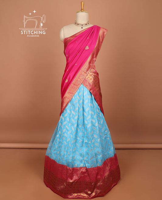 Blue geometric buttas half saree with contrast zari border, zari design blouse & floral zari design dhavani