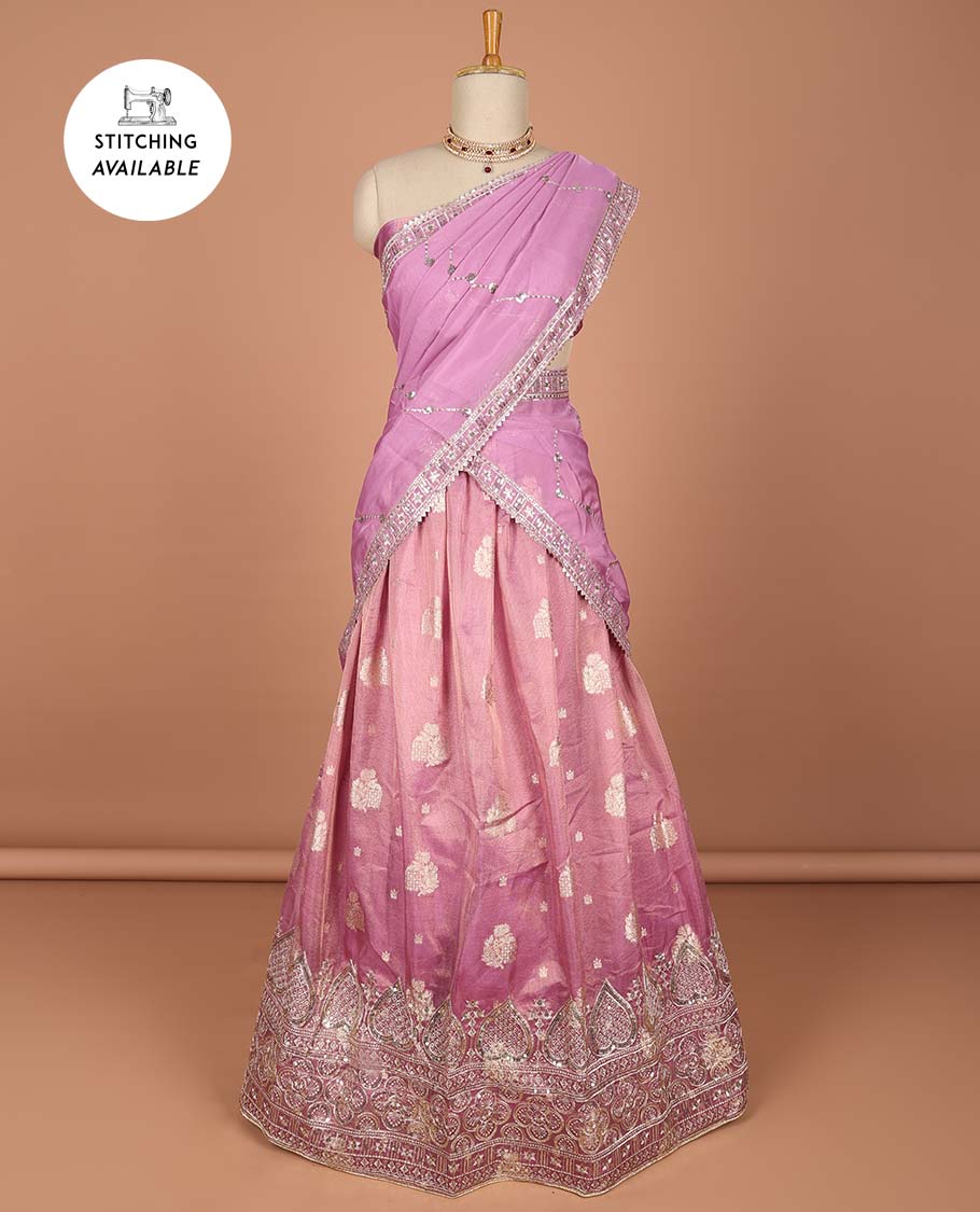 Brown floral stone embroidered half saree contrast stone embroidered border , zari design blouse & intricate stone embroidery dhavani