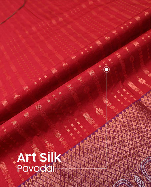 Red art silk pavadai material, zari design with contrast traditional zari border skirt, and contrast blouse