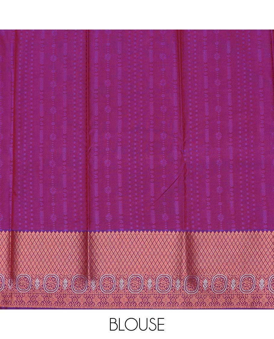 Red art silk pavadai material, zari design with contrast traditional zari border skirt, and contrast blouse