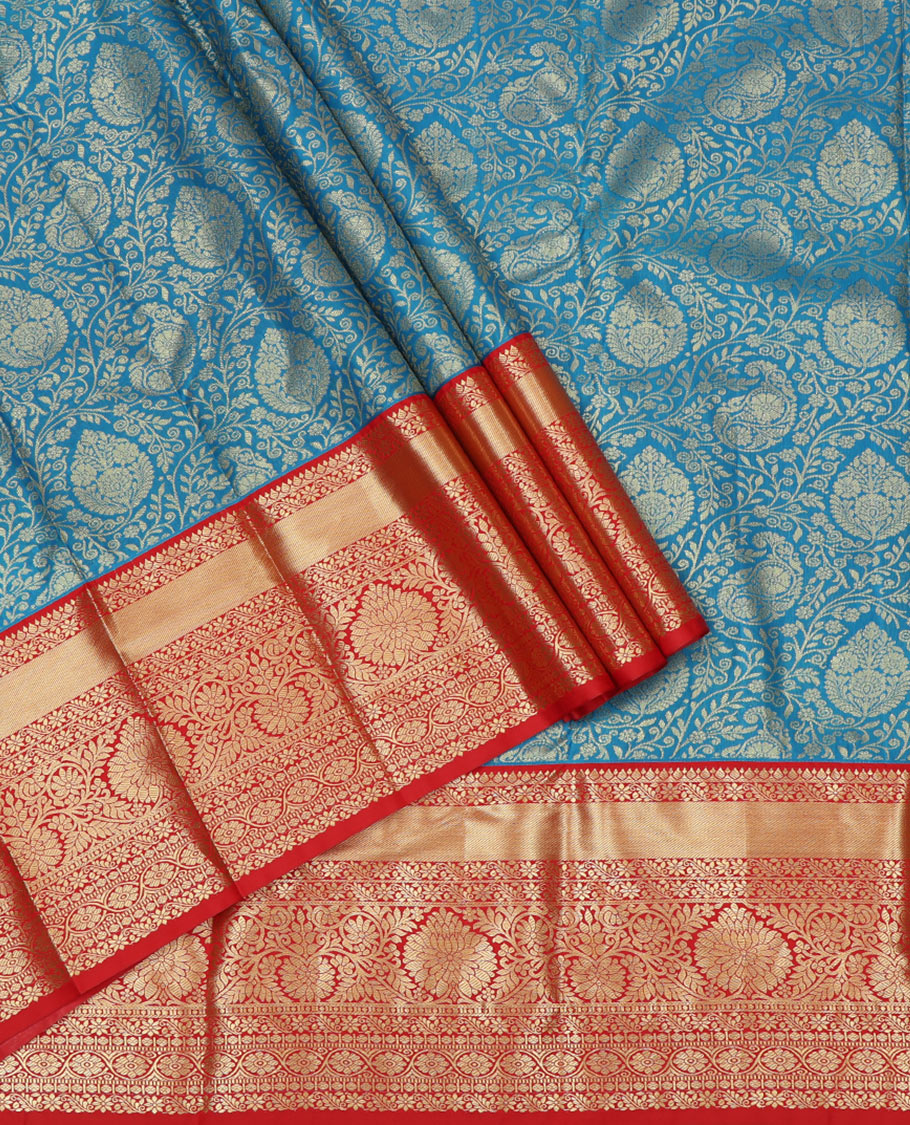 Blue Jacquard Art Silk Pavadai Material, a Contrast Traditional Zari Border, Contrast Blouse