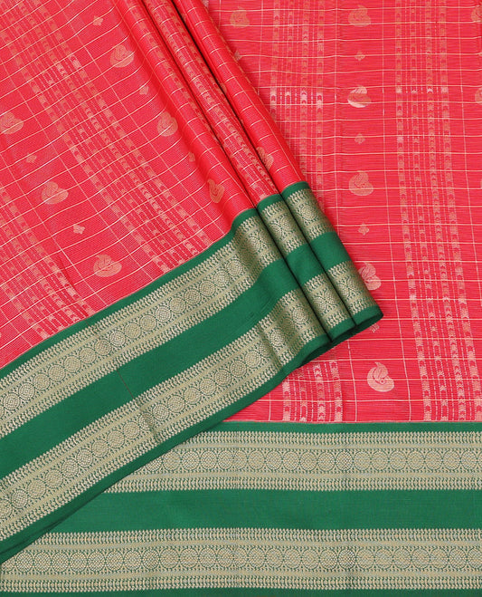 Red Art Silk Pavadai Material Set Gleamed Up with Zari Butta Enclosed Checked Skirt, Complemented by a Contrast Traditional Zari Design Rettai Pettu Border, and Paired with a Contrast Blouse
