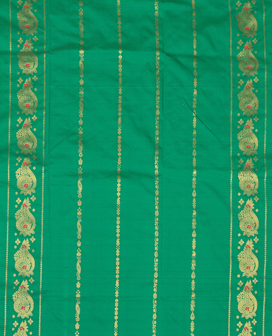 Green Art Silk Pavadai Material Set, Decked Up with Zari Designs on Its Skirt, Complemented by a Contrast Paisley-Floral Zari Border, and a Matching Blouse