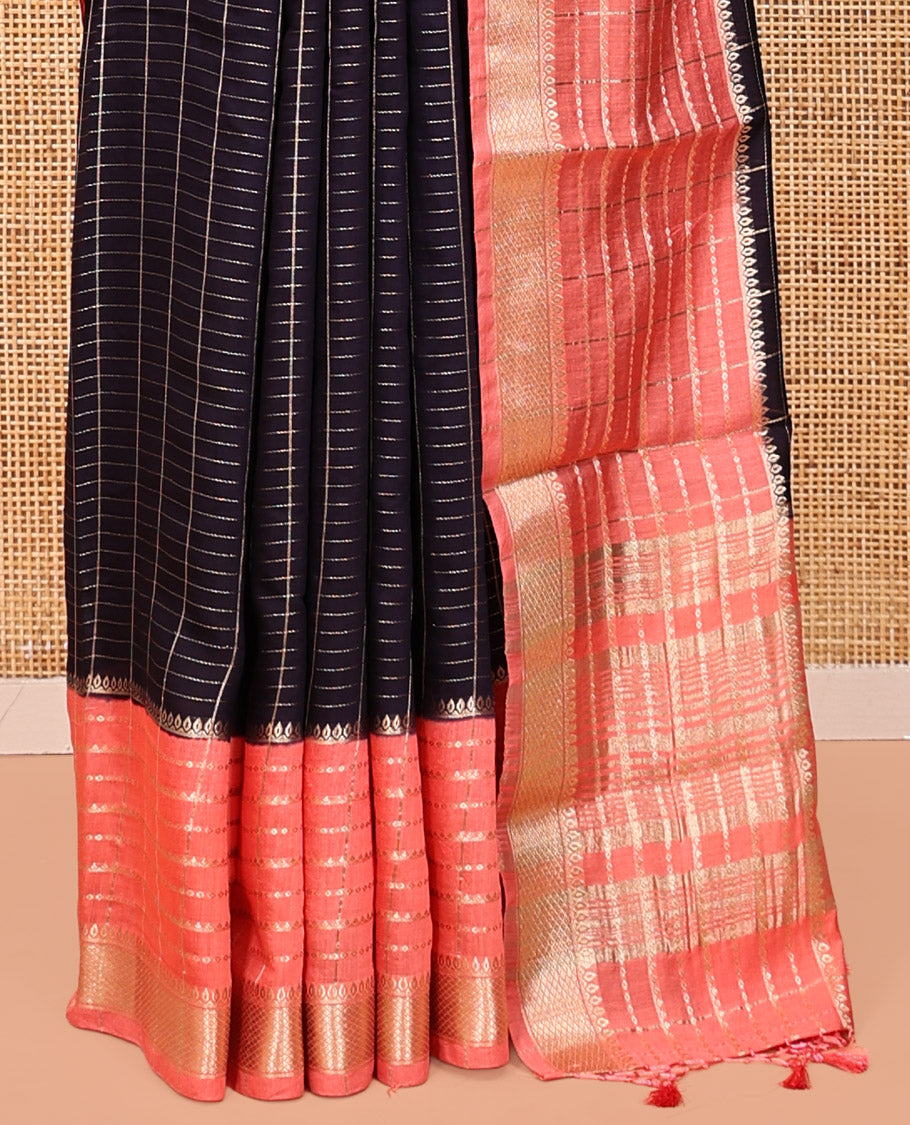 Blue Assam Silk Saree, Boldly Accentuated with Zari Checks, Complemented by a Contrast Traditional Zari Border, Striped Pallu, and a Contrast Blouse