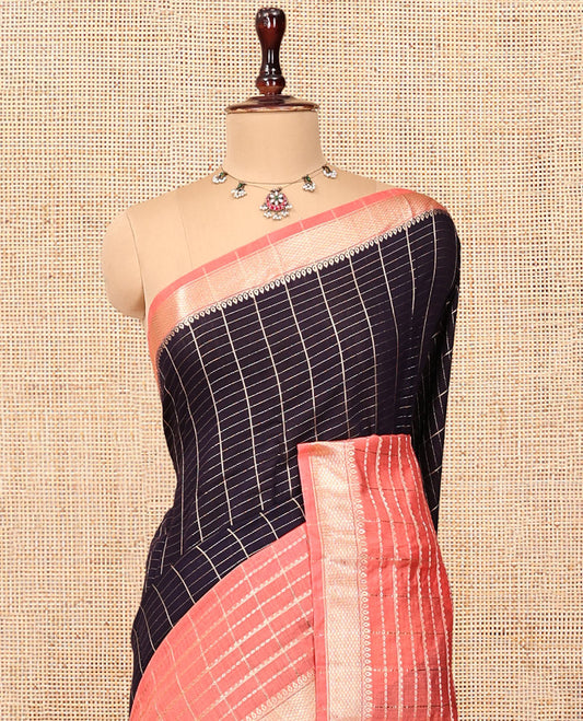 Blue Assam Silk Saree, Boldly Accentuated with Zari Checks, Complemented by a Contrast Traditional Zari Border, Striped Pallu, and a Contrast Blouse