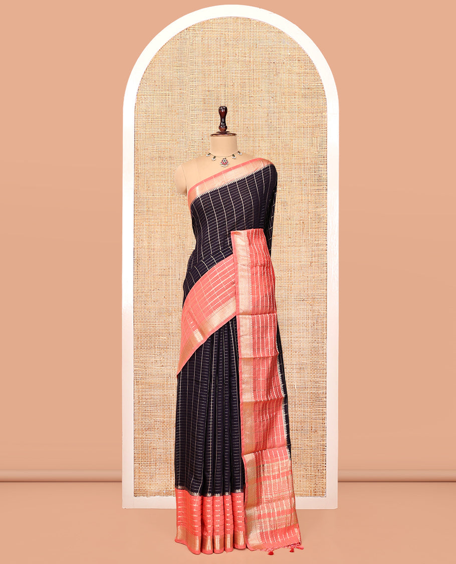 Blue Assam Silk Saree, Boldly Accentuated with Zari Checks, Complemented by a Contrast Traditional Zari Border, Striped Pallu, and a Contrast Blouse