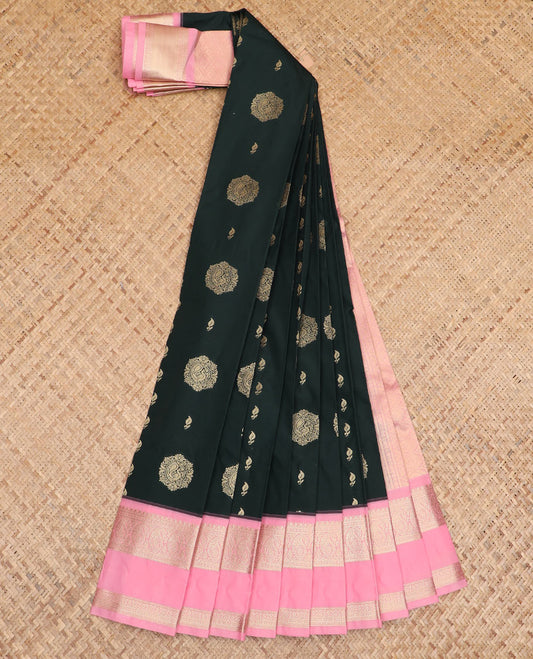 Black zari buttas budget silk saree, contrast traditional zari rettai pettu border, and jaal pallu