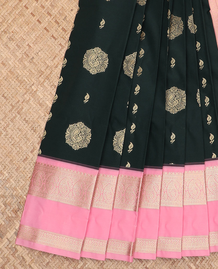 Black zari buttas budget silk saree, contrast traditional zari rettai pettu border, and jaal pallu