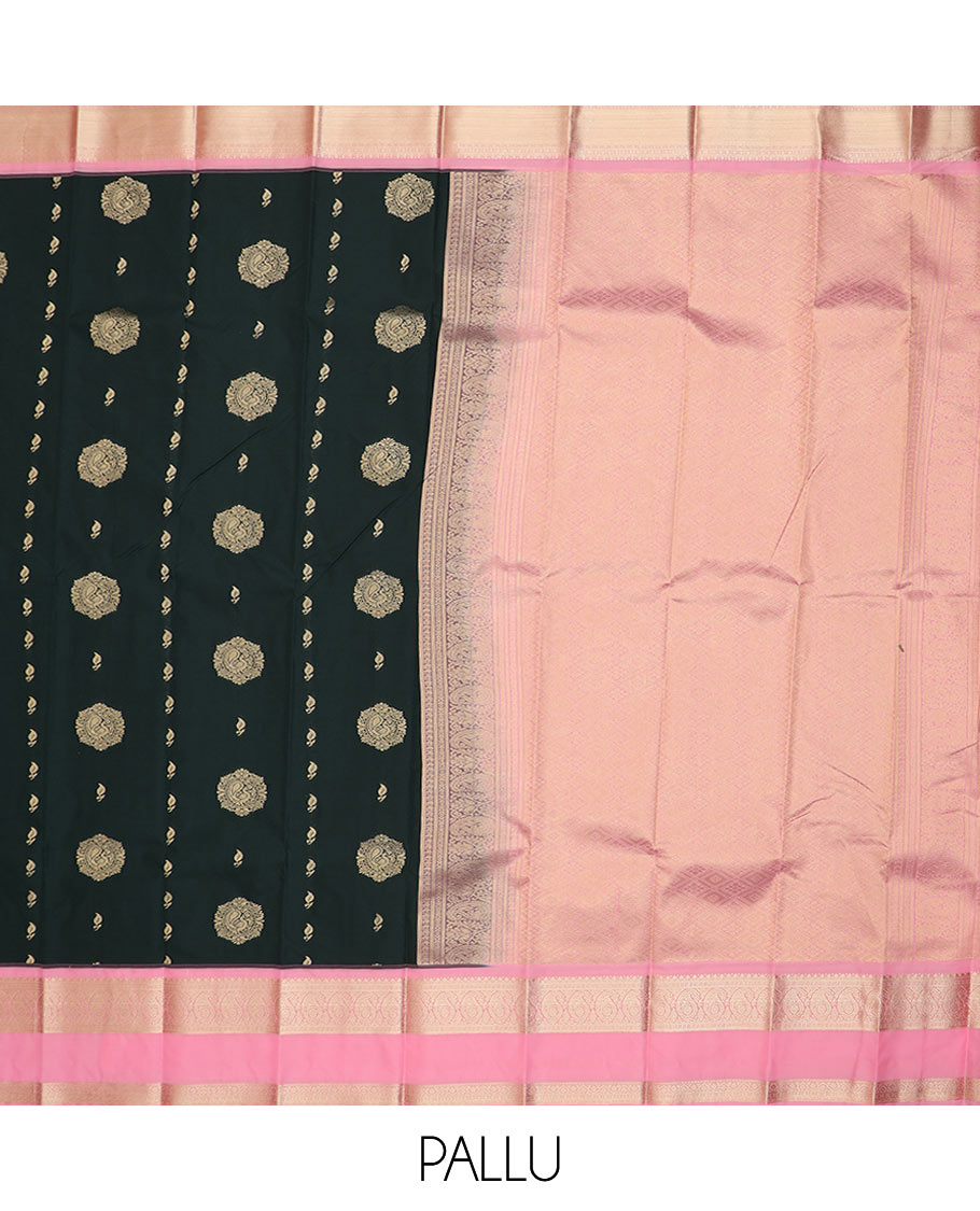 Black zari buttas budget silk saree, contrast traditional zari rettai pettu border, and jaal pallu