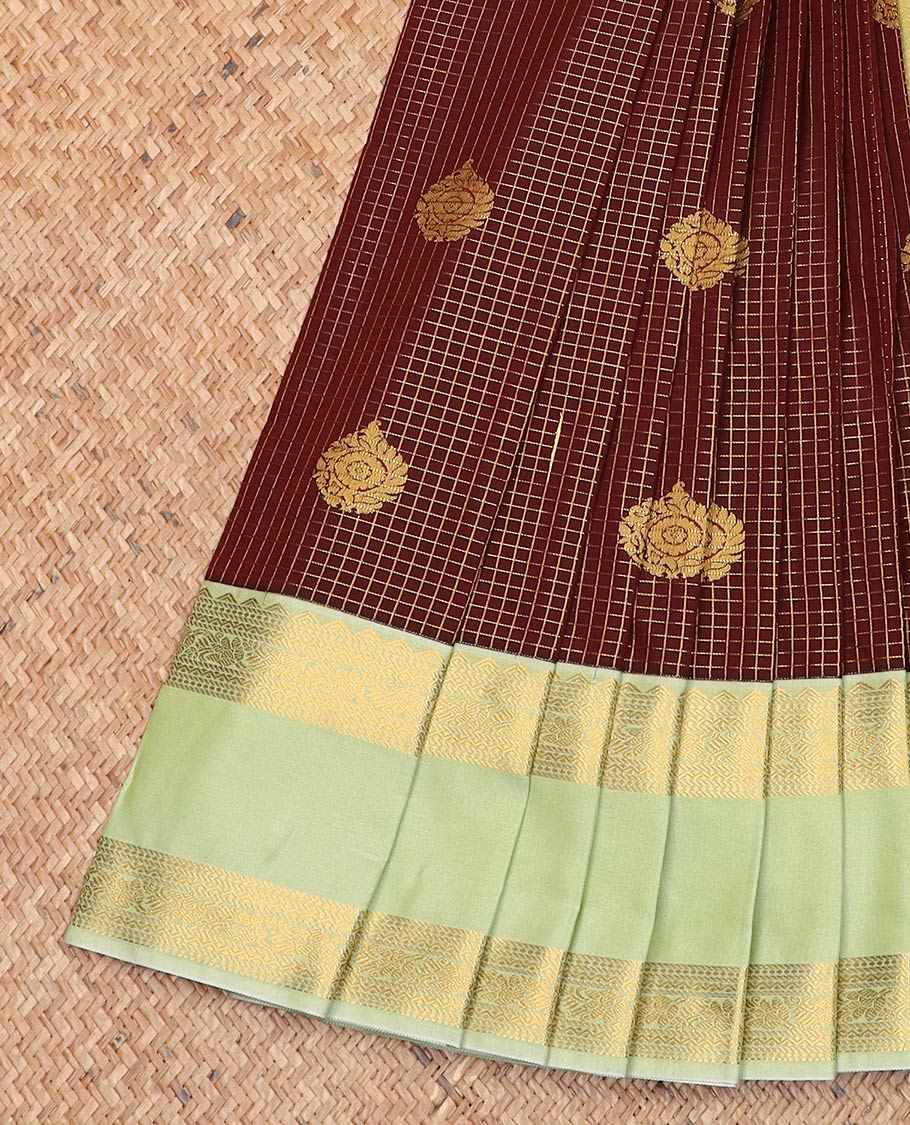 Maroon zari buttas enclosed checked gift saree, contrast traditional zari design border, and jaal pallu