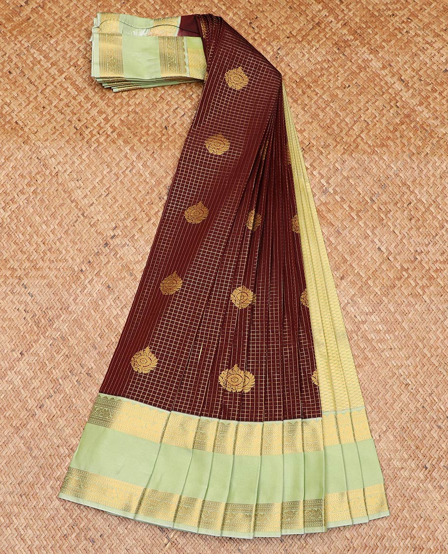 Maroon zari buttas enclosed checked gift saree, contrast traditional zari design border, and jaal pallu