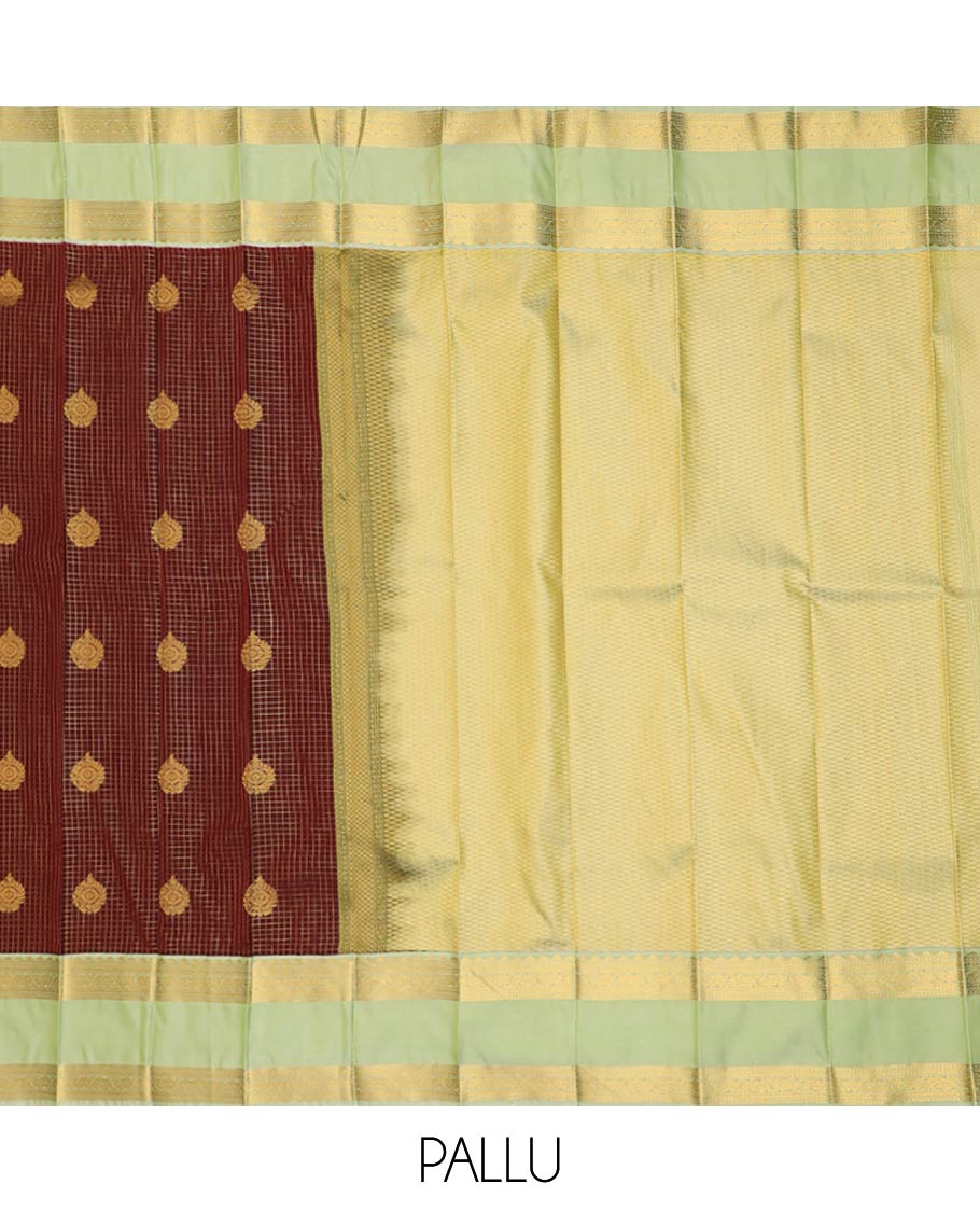 Maroon zari buttas enclosed checked gift saree, contrast traditional zari design border, and jaal pallu