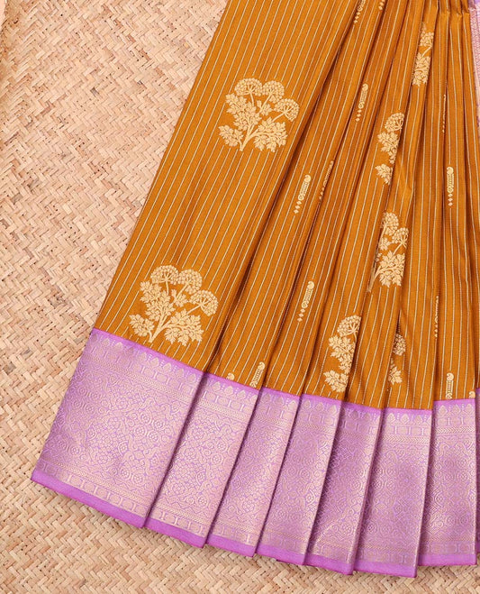 Mustard zari design budget silk saree, contrast traditional design border, and intricate pallu