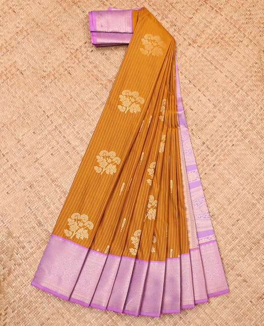 Mustard zari design budget silk saree, contrast traditional design border, and intricate pallu