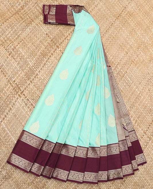 Blue Budget Silk Saree Enriched with Zari Designs, Featuring a Contrast Traditional Zari Design Rettai Pettu Border, Pallu Adorned with Intricate Designs, and Paired with a Contrast Blouse
