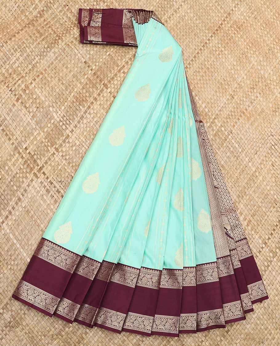 Blue Budget Silk Saree Enriched with Zari Designs, Featuring a Contrast Traditional Zari Design Rettai Pettu Border, Pallu Adorned with Intricate Designs, and Paired with a Contrast Blouse