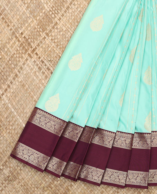 Blue Budget Silk Saree Enriched with Zari Designs, Featuring a Contrast Traditional Zari Design Rettai Pettu Border, Pallu Adorned with Intricate Designs, and Paired with a Contrast Blouse