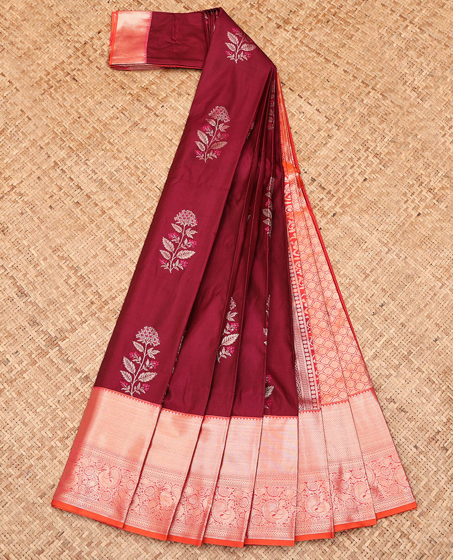 Wine Budget Silk Saree, Embellished with Floral Buttas All Over Its Body, Complemented by a Contrast Traditional Zari Border, Grand Jaal Pallu, and Paired with a Contrast Blouse
