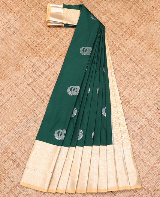 Green Budget Silk Saree, Accentuated with Zari Buttas on Its Body, Complemented by a Contrast Traditional Zari Design Border, Pallu of Jaal Design, and Paired with a Contrast Blouse