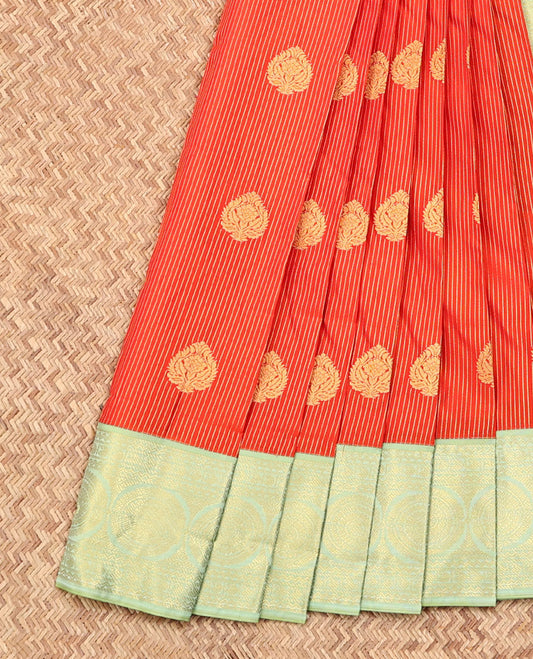 Orange Budget Silk Saree, Accentuated with Zari Buttas and Stripes on Its Body, Complemented by a Contrast Traditional Zari Chakram Design Border, Intricately Designed Pallu, and Paired with a Contrast Blouse