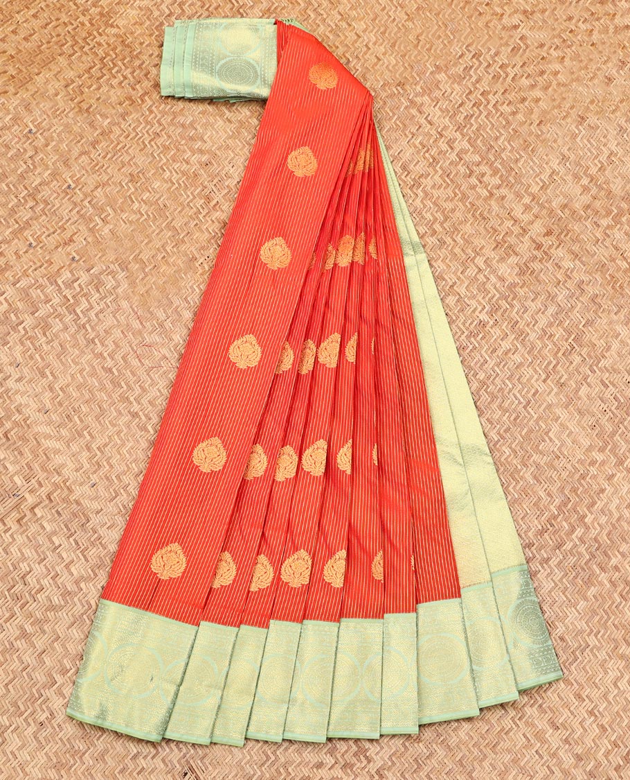 Orange Budget Silk Saree, Accentuated with Zari Buttas and Stripes on Its Body, Complemented by a Contrast Traditional Zari Chakram Design Border, Intricately Designed Pallu, and Paired with a Contrast Blouse