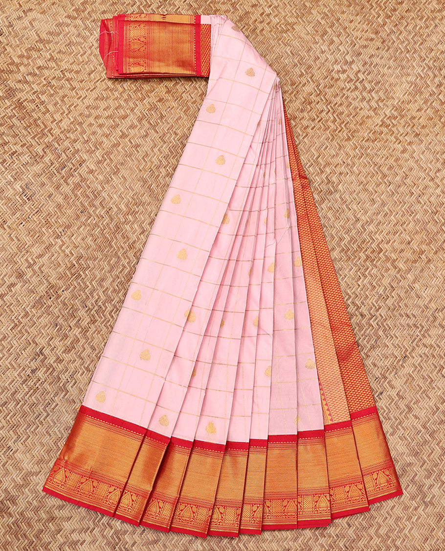 Baby Pink Budget Silk Saree, Enthralled with Zari Butta Enclosed Checks, Complemented by a Contrast Traditional Zari Border, Grand Pallu, and a Contrast Blouse