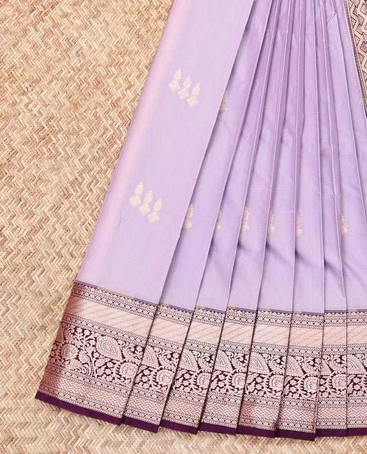 Lavender Budget Silk Saree, Embellished with Zari Buttas, Complemented by a Contrast Traditional Zari Border, Grand Pallu, and a Contrast Blouse