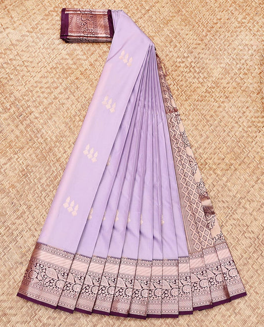 Lavender Budget Silk Saree, Embellished with Zari Buttas, Complemented by a Contrast Traditional Zari Border, Grand Pallu, and a Contrast Blouse