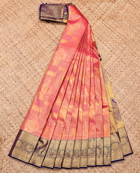 Pink Budget Silk Saree, Opulently Embellished with Jacquard Design, a Contrast Traditional Zari Border, Grand Pallu, and a Contrast Blouse