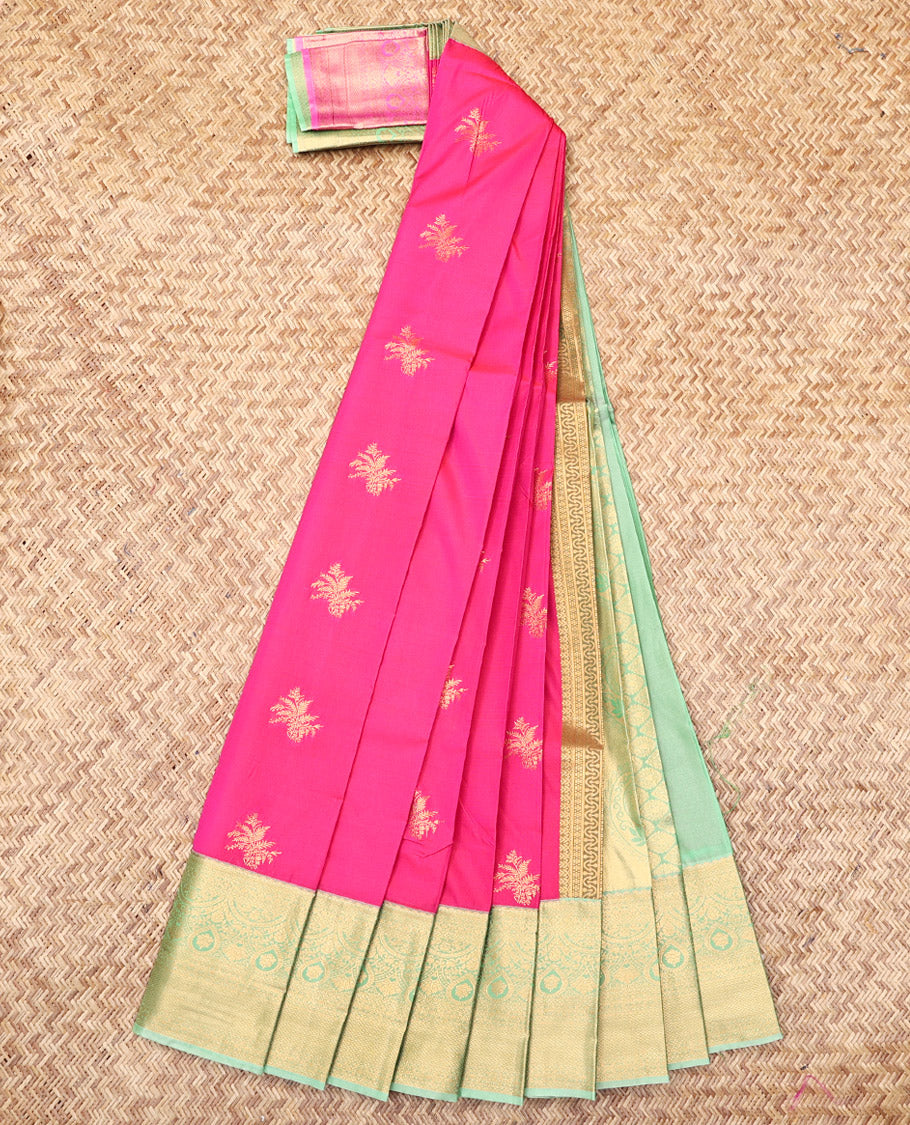 Pink Budget Silk Saree, Richly Detailed with Zari Buttas, Complemented by a Contrast Traditional Zari Border, Intricate Pallu, and a Contrast Blouse