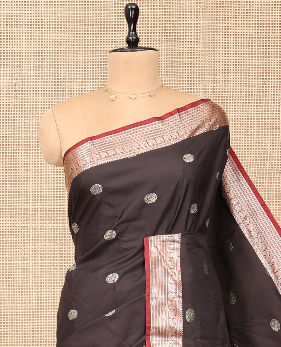 Brown Budget Silk Saree, Decorated with Zari Buttas, Complemented by a Contrast Traditional Zari Border, Pallu of Intricate Designs, and Contrast Blouse
