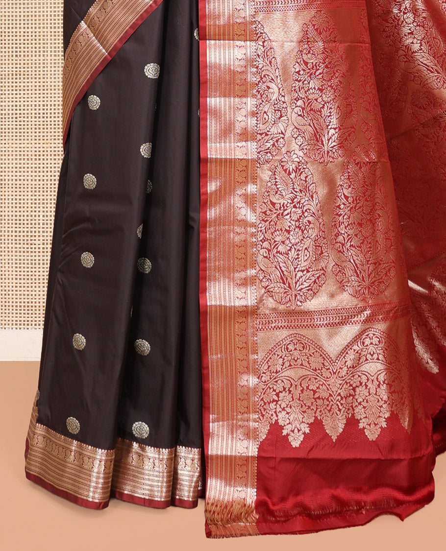 Brown Budget Silk Saree, Decorated with Zari Buttas, Complemented by a Contrast Traditional Zari Border, Pallu of Intricate Designs, and Contrast Blouse