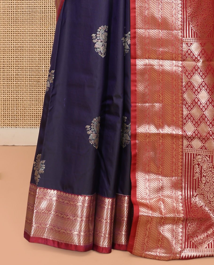 Blue Budget Silk Saree, Crafted with Zari Buttas, Complemented by a Contrast Traditional Zari Border, Pallu of Jaal and Paisleys, and Contrast Blouse
