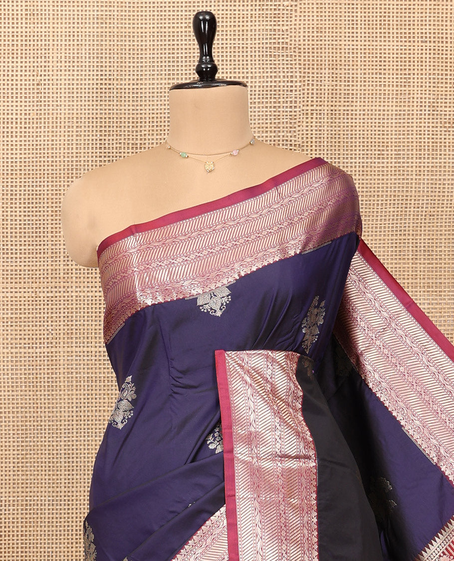 Blue Budget Silk Saree, Crafted with Zari Buttas, Complemented by a Contrast Traditional Zari Border, Pallu of Jaal and Paisleys, and Contrast Blouse