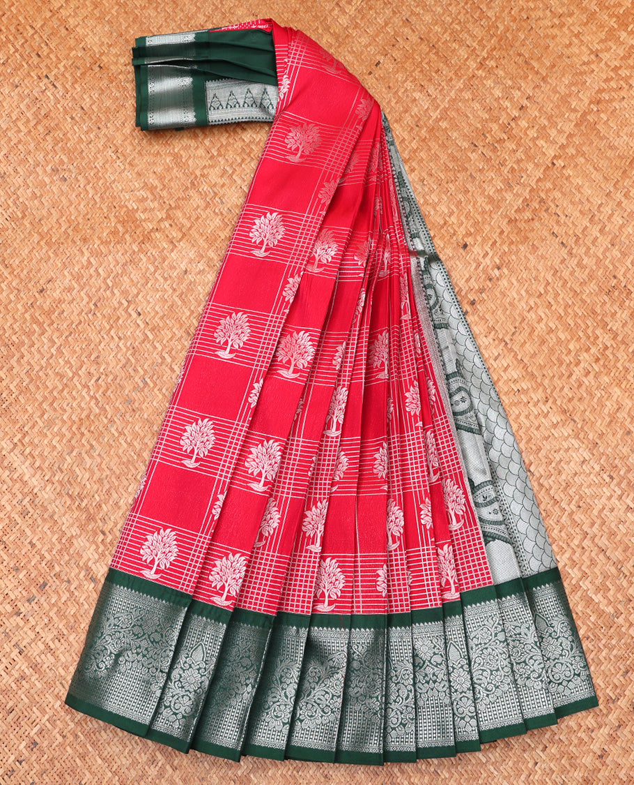 Red Budget Silk Saree, Delicately Woven with Butta Enclosed Checks On Its Body, Complemented by Contrast Traditional Zari Designs Woven Border, Pallu of Paisleys, and Paired with a Contrast Blouse