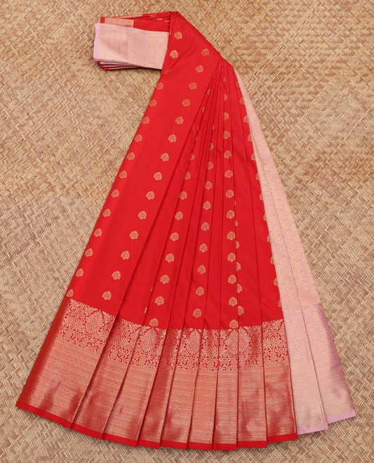 Orange Budget Silk Saree, Entralled with Zari Buttas All Over Its Body, Highlighted by Traditional Zari Designs Woven Border,  Contrast Grand Pallu and Paired with a Contrast Blouse