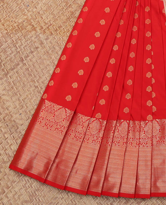 Orange Budget Silk Saree, Entralled with Zari Buttas All Over Its Body, Highlighted by Traditional Zari Designs Woven Border,  Contrast Grand Pallu and Paired with a Contrast Blouse