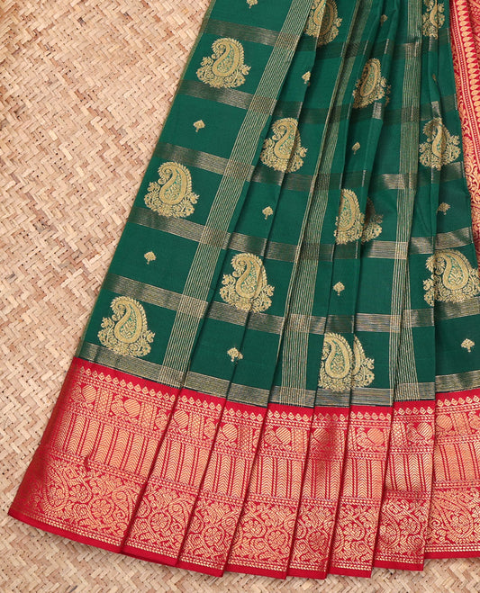 Green Budget Silk Saree, Highlighted with Paisley Butta Enclosed Checks All Over Its Body, Complemented by a Contrast Traditional Zari Design Border, Grand Pallu, and Paired with a Contrast Blouse